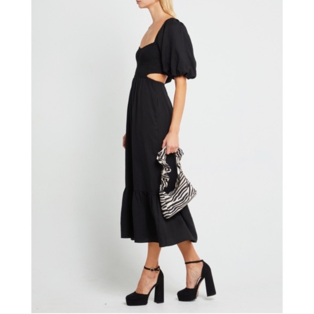O.P.T. Leighton Black Puff Sleeve Smocked Cutout Midi Dress Tencel Flax XS - Picture 3 of 9